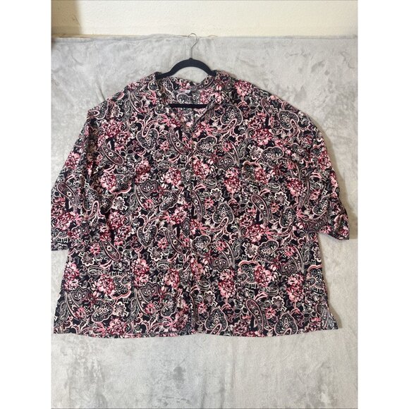 Catherines 3X Blouse Black Pink Paisley Floral Stretch 3/4 Sleeve Plus Size Top - Picture 1 of 10